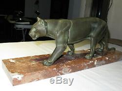 Great Panther Statue Art Deco Marble Base Signed M. Leducq