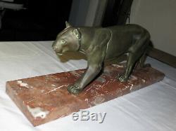Great Panther Statue Art Deco Marble Base Signed M. Leducq