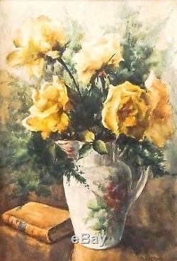Great Watercolor Signed P. Astruc Rose Bouquet Framed, Then From 1950 To 1960