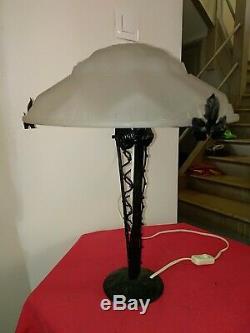 Hanots Of Molded Glass Signed Table Lamp Wrought Iron Muller Schneider