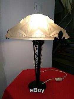 Hanots Of Molded Glass Signed Table Lamp Wrought Iron Muller Schneider