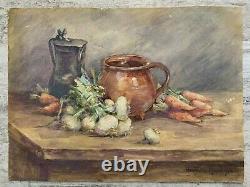 Henriette Messager Watercolor Still Life with Vegetables Carrot Garlic Kitchen Jug