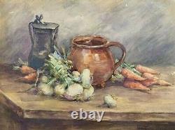 Henriette Messager Watercolor Still Life with Vegetables Carrot Garlic Kitchen Jug