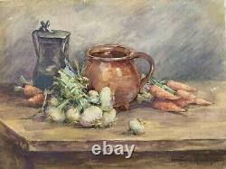 Henriette Messager Watercolor Still Life with Vegetables Carrot Garlic Kitchen Jug