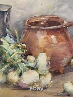 Henriette Messager Watercolor Still Life with Vegetables Carrot Garlic Kitchen Jug