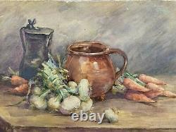 Henriette Messager Watercolor Still Life with Vegetables Carrot Garlic Kitchen Jug