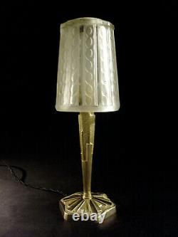 Hettier - Vincent Lampe Art Deco In Bronze - Tulip In Pressed Glass Signed 1930