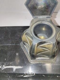 Inkwell, marble base, decorated with a bird. Signed