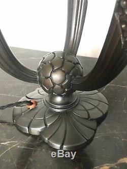 Lamp Art Deco 3 Arms Signed G. Limousin, Regulates And Tulips In Glass Satin