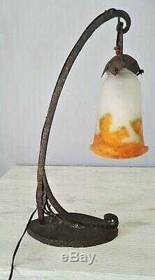 Lamp- Muller Friars Wrought Iron Glass Paste Signed Art Deco 41.5 CM
