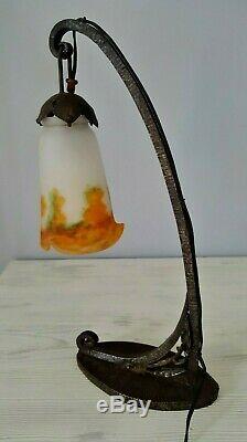 Lamp- Muller Friars Wrought Iron Glass Paste Signed Art Deco 41.5 CM