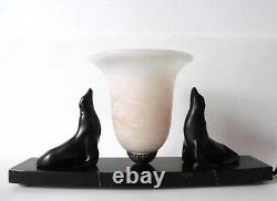 Lamp With Sea Lions, Art Deco, Alabaster Basin, Signed M. Font, Perfect Condition, 1930