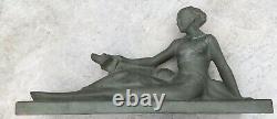 Large Art Deco Sculpture of Woman with Dog Terracotta Signed Melani