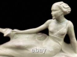 Large Art Deco Sculpture of Woman with Dog Terracotta Signed Melani