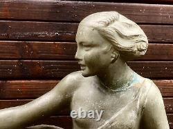 Large Art Deco Sculpture of Woman with Dog Terracotta Signed Melani