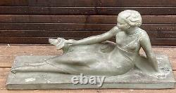 Large Art Deco Sculpture of Woman with Dog Terracotta Signed Melani