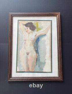Large Art Deco watercolor signed female nude painting by J. Besnard-Fortin curiosa