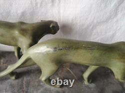 Large Art-deco Sculpture Of Two Panthers In Cast Iron Of Art Signed M Font