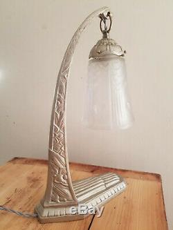 Large Bronze Lamp Art Deco Silver 1925 Signed C Ranc Glass Signed Muller Frères