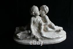 Large Cracked Terracotta Sculpture Signed Conill, Children Kissing