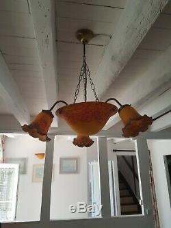 Large Metal Chandelier Suspended Vianne (signed) Art Deco Glass Paste 30-40 Years