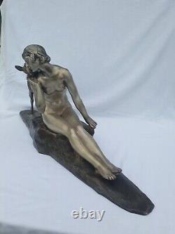 Large Sculpture Art Deco Bronze A. Morlon Naked Woman In Cabrio Statue 79cm