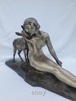Large Sculpture Art Deco Bronze A. Morlon Naked Woman In Cabrio Statue 79cm