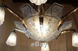 Large Signed Gilles Chandelier In Pressed-molded Glass, 9-light Art Deco Period