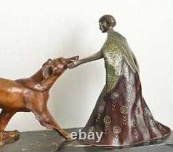 Large bronze Art Deco sculpture statue 1925 woman with borzoi greyhound signed Grisard