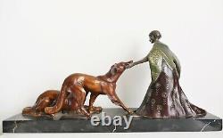Large bronze Art Deco sculpture statue 1925 woman with borzoi greyhound signed Grisard