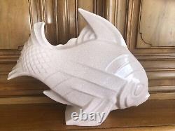 Large cracked ceramic fish signed Le Jan, Art Deco 1930, Saint Clément