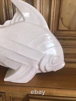 Large cracked ceramic fish signed Le Jan, Art Deco 1930, Saint Clément