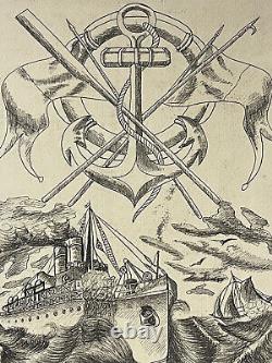 Large engraving liner 1919 signed marine coat of arms anchor and harpoons Art Deco