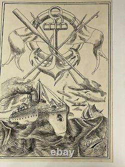 Large engraving liner 1919 signed marine coat of arms anchor and harpoons Art Deco