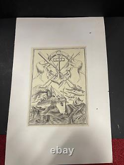 Large engraving liner 1919 signed marine coat of arms anchor and harpoons Art Deco