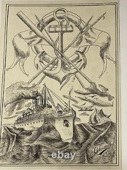 Large engraving liner 1919 signed marine coat of arms anchor and harpoons Art Deco