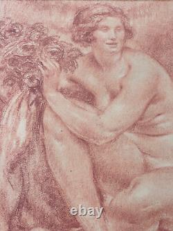 Large sanguine engraving of Richard Guino's female nude Art Deco