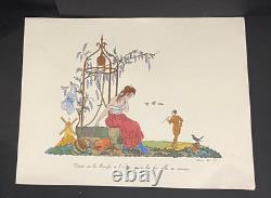 Large signed stencil print gallant scene couple Art Deco Jean Droit