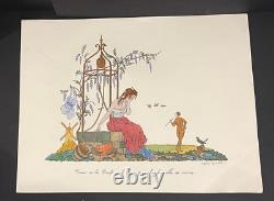 Large signed stencil print gallant scene couple Art Deco Jean Droit