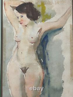 Large watercolor signed Art Deco female nude painting by J. Besnard-Fortin curiosa