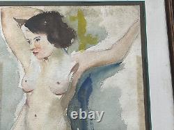 Large watercolor signed Art Deco female nude painting by J. Besnard-Fortin curiosa