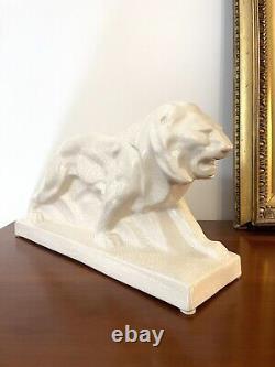 Lion on Deco Pedestal Cracked Ceramic, Signed Nagel, Saint Germain Faience