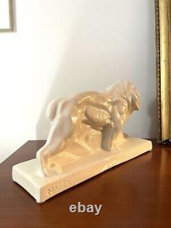 Lion on Deco Pedestal Cracked Ceramic, Signed Nagel, Saint Germain Faience