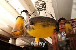 Luster Art Deco Mount Wrought Iron Basin And Tulip Glass Paste Signed Delatte