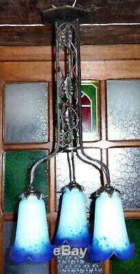 Luster Suspension Art Deco Wrought Iron Signed Blue Tulips Crespin