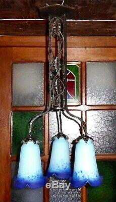 Luster Suspension Art Deco Wrought Iron Signed Blue Tulips Crespin