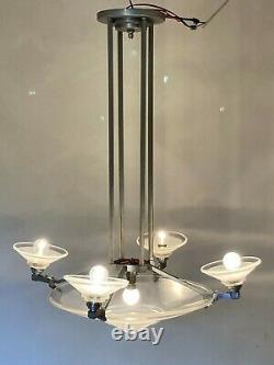 Lustre Art Deco Signed H. Petitot 5 Silver Metal Lights (suspension)