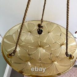 Lustre Suspension Art Deco In Yellow Molded Glass Signed Degué