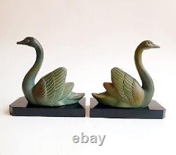 M. LEDUCQ (1879-1955) Bookends Sculpture Geese Swans Signed Art Deco Spelter