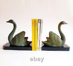 M. LEDUCQ (1879-1955) Bookends Sculpture Geese Swans Signed Art Deco Spelter